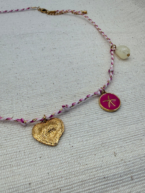 Collier cordon tressé Mauve et Blanc