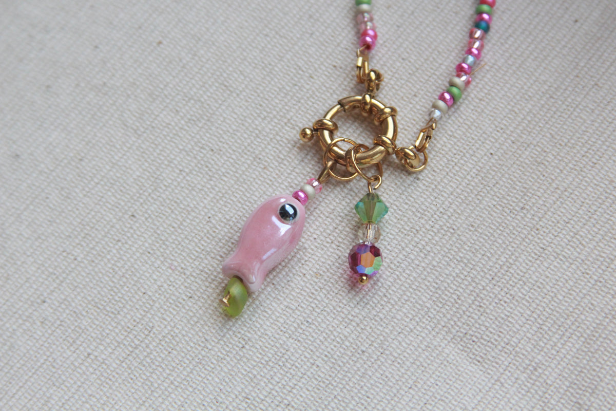 Collier perles Vert et Rose