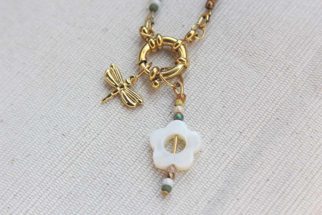 Collier perles Kaki et Beige