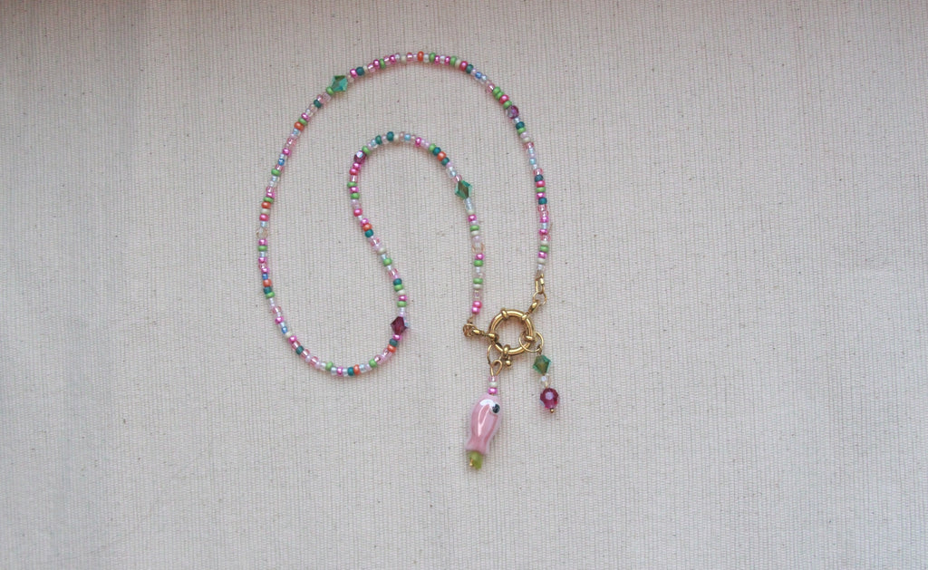 Collier perles Vert et Rose