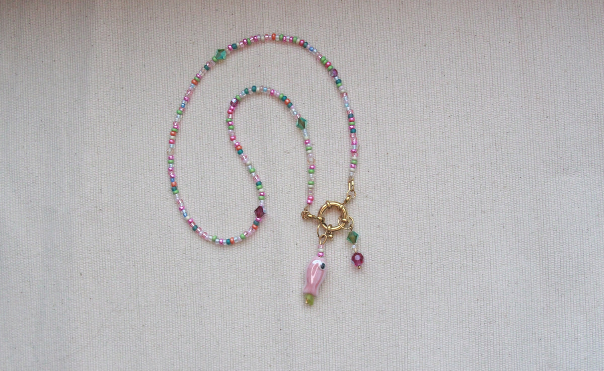 Collier perles Vert et Rose