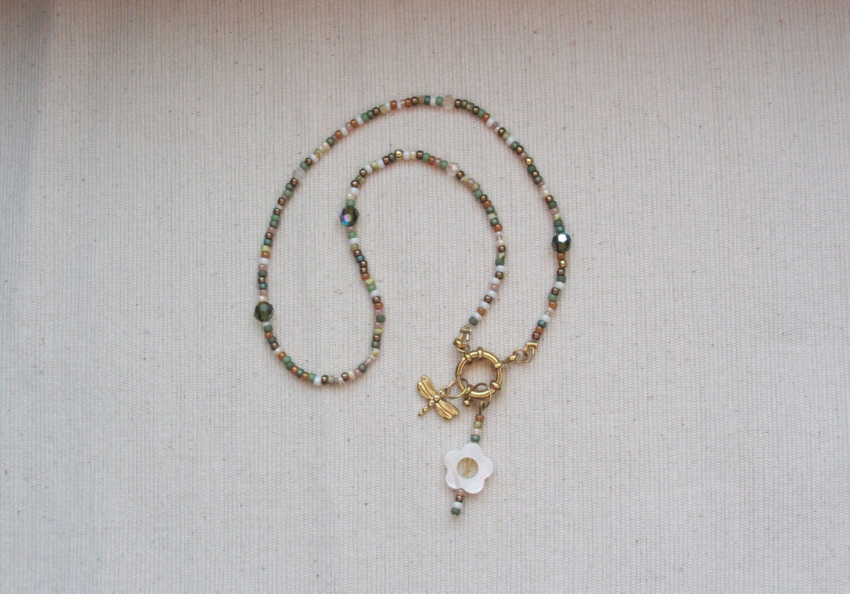 Collier perles Kaki et Beige